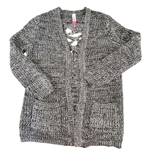 No Boundaries Cardigan Large Black White Cross Cross Marled Open Knit Topper - Picture 5 of 9